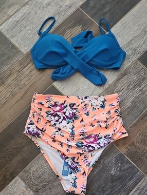 Blue Twist Bikini Top with Peach Floral High-Waist Bottoms